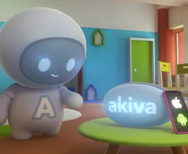 Akiva friendly astronaut robot mascot 3D illustration in a colorful classroom