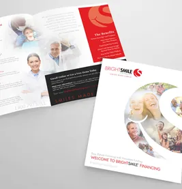 Brightsmile Financing brochures with smiling seniors and red logo, designed by Pesce MediaWorks