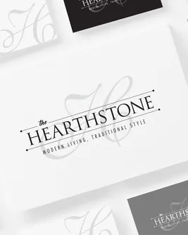 Hearthstone logo, modern living, traditional style, shown on branded stationery by Pesce MediaWorks