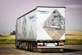 Merola Tile truck wrap design on the rear of a delivery trailer, created by Pesce MediaWorks