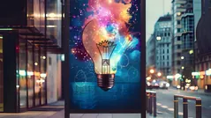 Illuminated lightbulb advertisement on a city street display representing advertising services