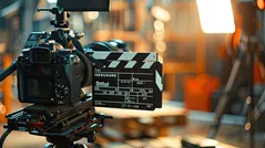 Video camera with clapperboard on a tripod representing video production services