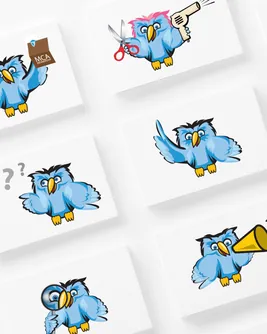 Branding project: set of blue owl mascot illustrations on white tiles by Pesce MediaWorks