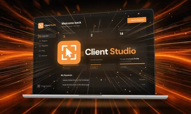 PESCE MediaWorks Client Studio logo coming out of a laptop screen in front of a glowing orange technology background.