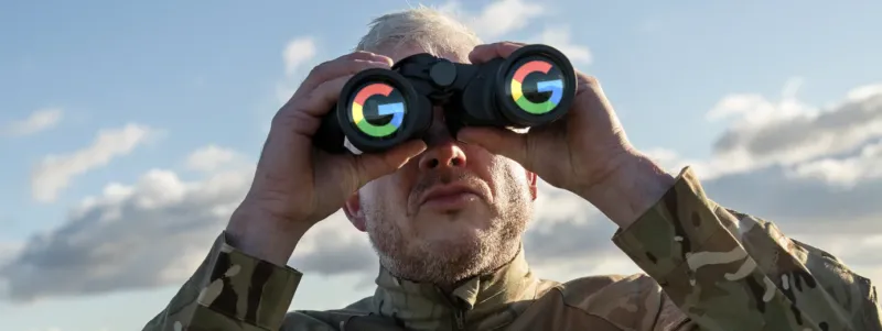 Person looking through binoculars with Google logos representing online search visibility for Long Island businesses.