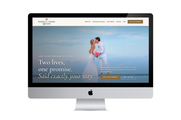 Perfect Union Officiants website homepage shown on a desktop monitor, designed by Pesce MediaWorks